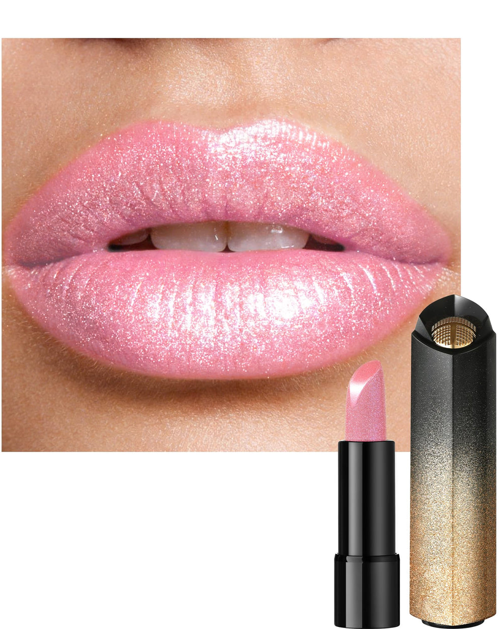 LYSdefeu front packaging showing metallic pink glitter finish and compact tube benefit