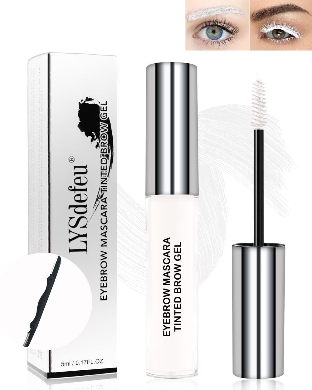 LYSdefeu front packaging showcasing white eyebrow gel tint and branding, clear benefit