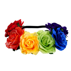 Lystaii front view of rainbow rose headband showing bright colors and festive appeal