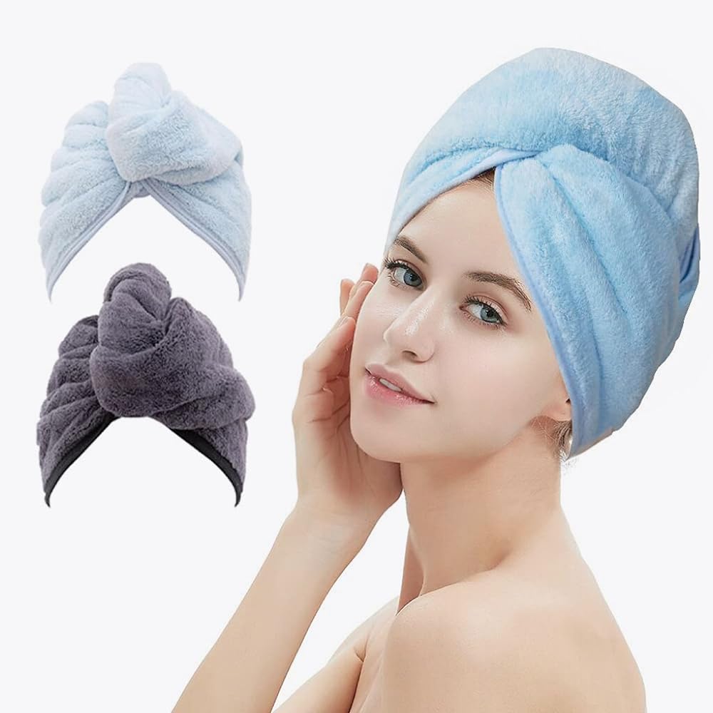 M-bestl front view of two blue and dark gray towels showing colors and packaging benefit
