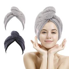M-bestl front view of two gray microfiber hair towels, quick drying benefit