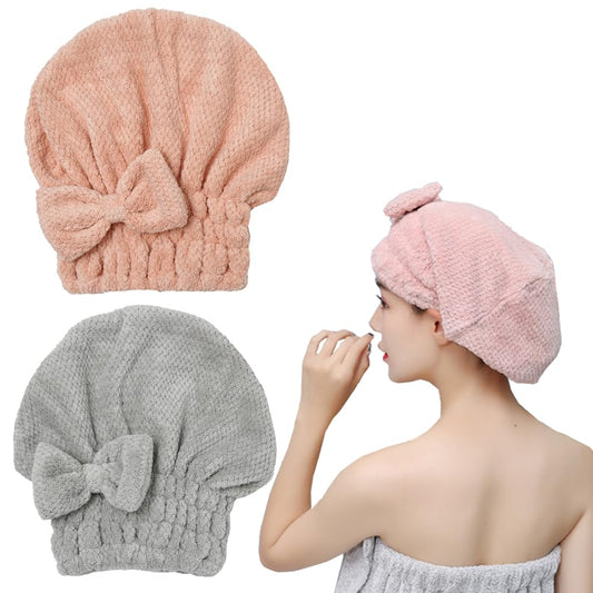 M-bestl front view of pink and gray towel caps showing compact pack for quick-dry convenience