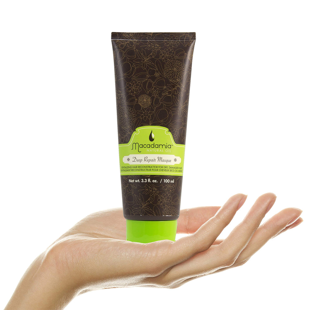 Macadamia Natural Oil masque on bathroom shelf suggesting salon-level home treatment