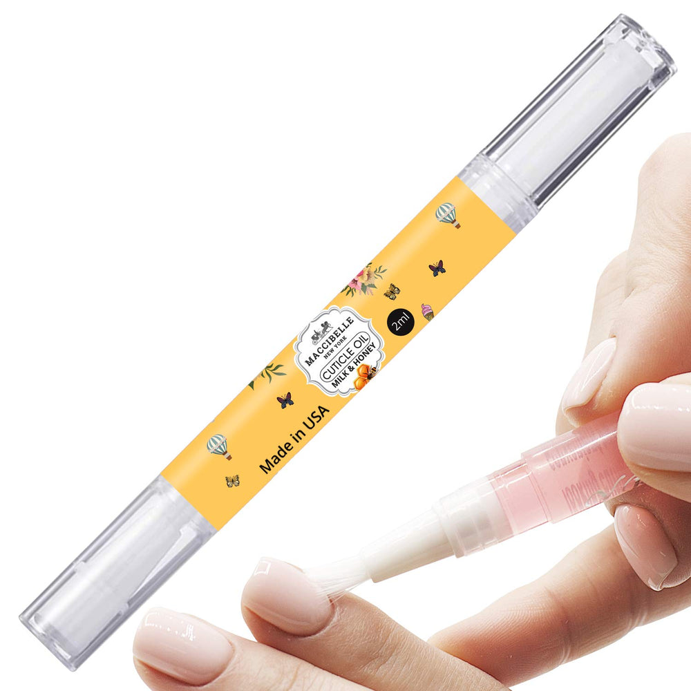 Maccibelle cuticle oil pen front packaging showing compact travel-friendly design and benefits