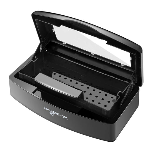 Machine-Ya front view sterilizing tray showing compact black housing and lid for tidy storage