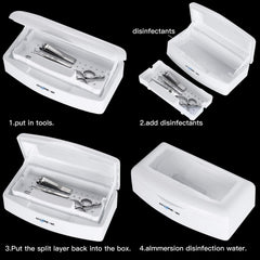 Machine-Ya tray with nail tools submerged showing secure soak benefit: controlled disinfection