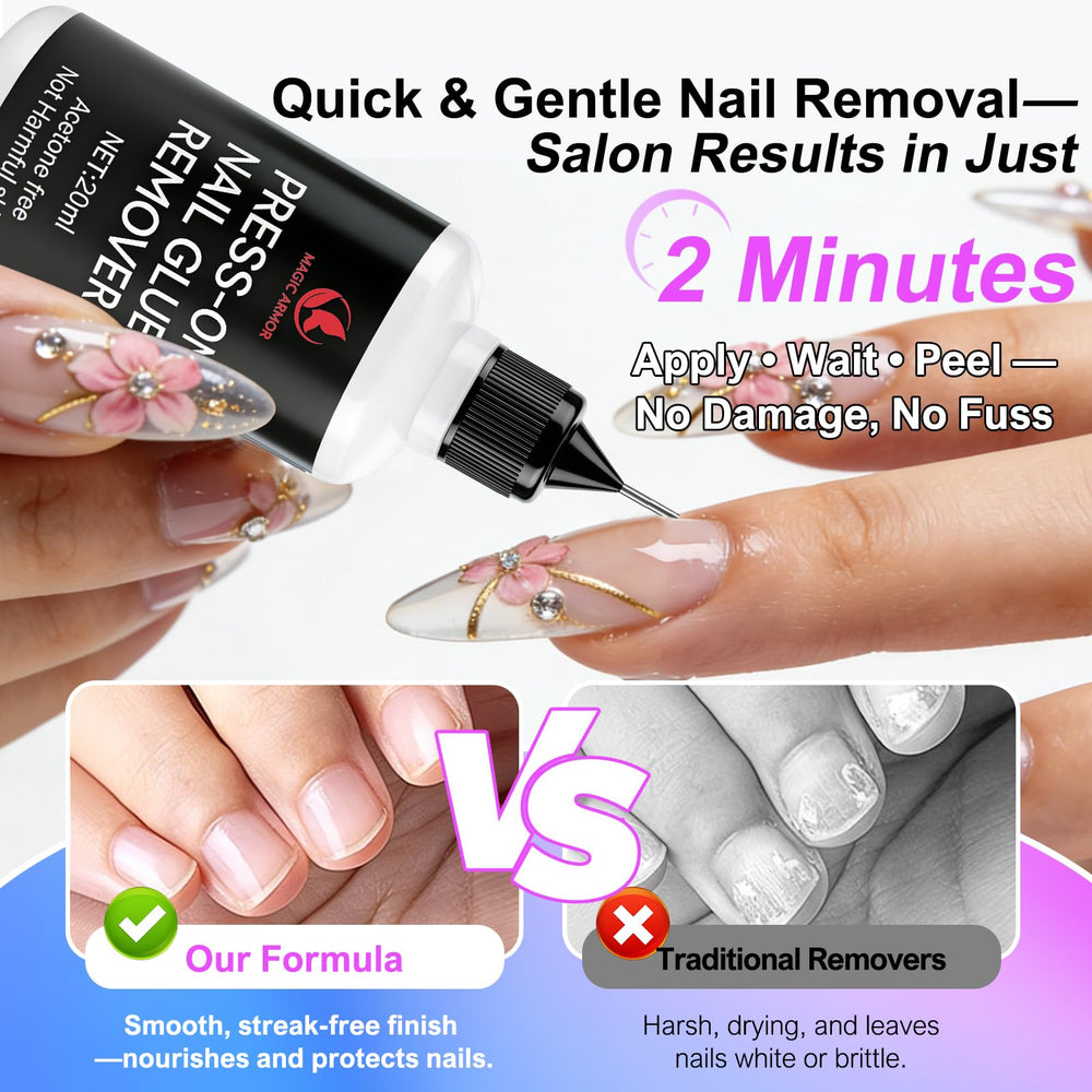 MAGIC ARMOR two remover bottles and removal tool displayed for safer nail removal