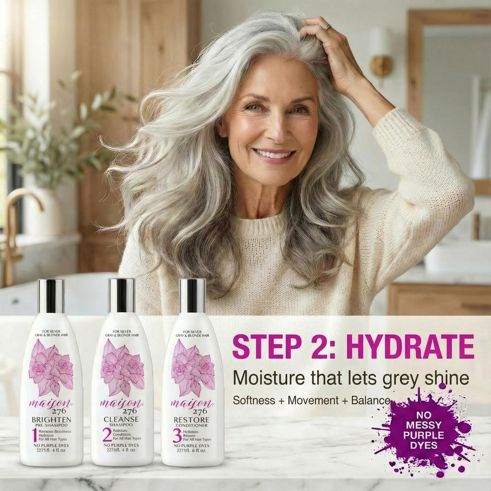 Maison 276 product applied to silver hair in shower improving clarity