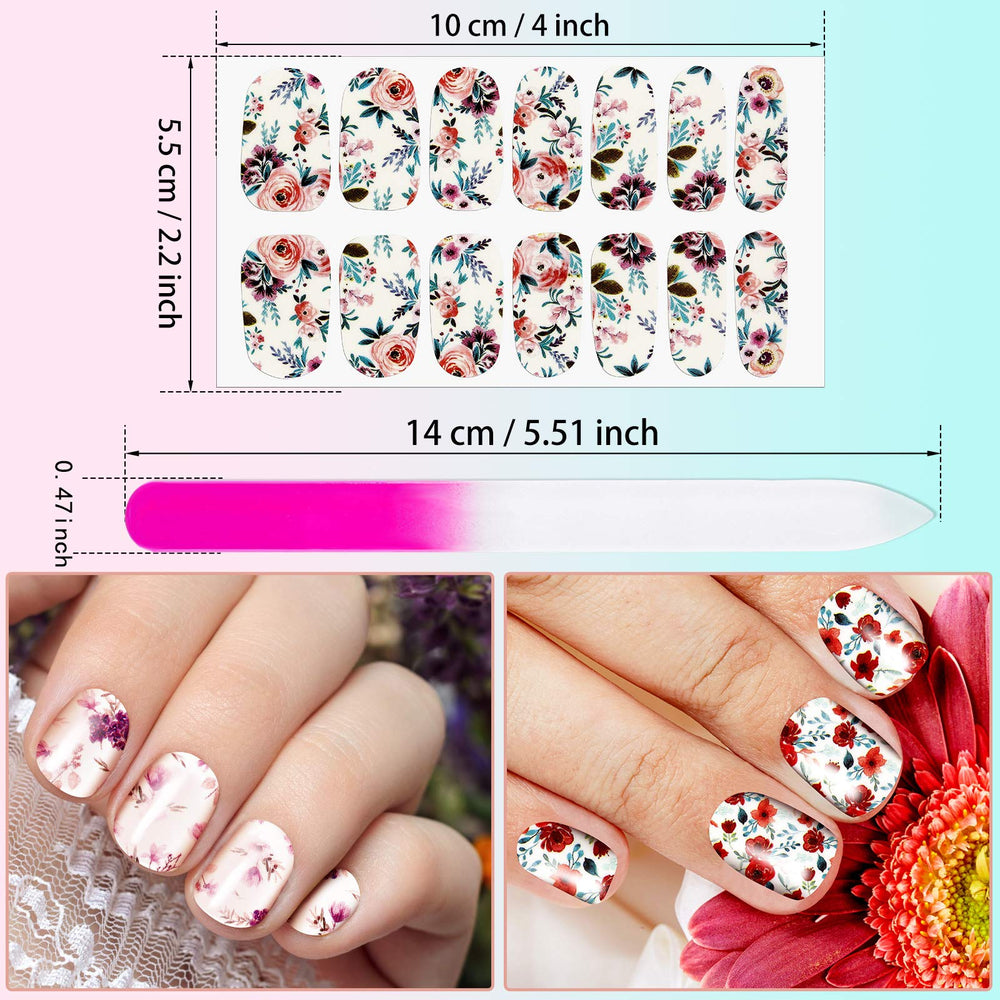 Maitys nail file next to sticker sheet showing compact size and portability benefit