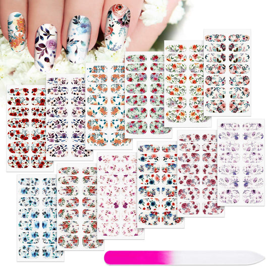 Maitys front packaging showing 12 floral sticker sheets and included file for convenience