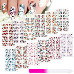 Maitys front packaging showing 12 floral sticker sheets and included file for convenience