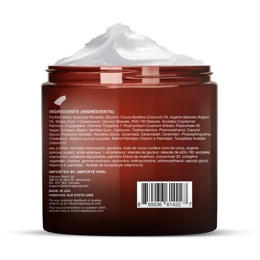 Majestic Pure ingredients layout featuring argan oil and antioxidant benefit