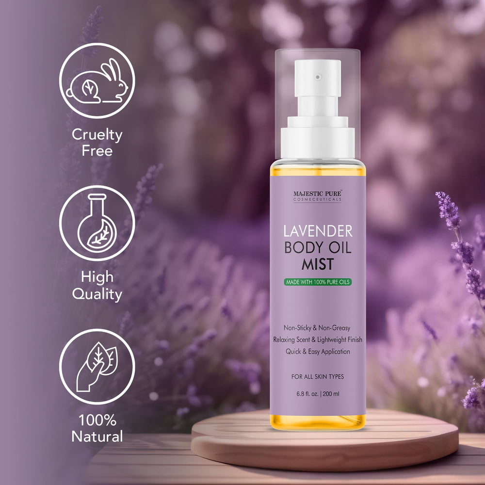 Majestic Pure bottle next to ruler illustrating 6.8 fl oz size and travel-friendly volume benefit
