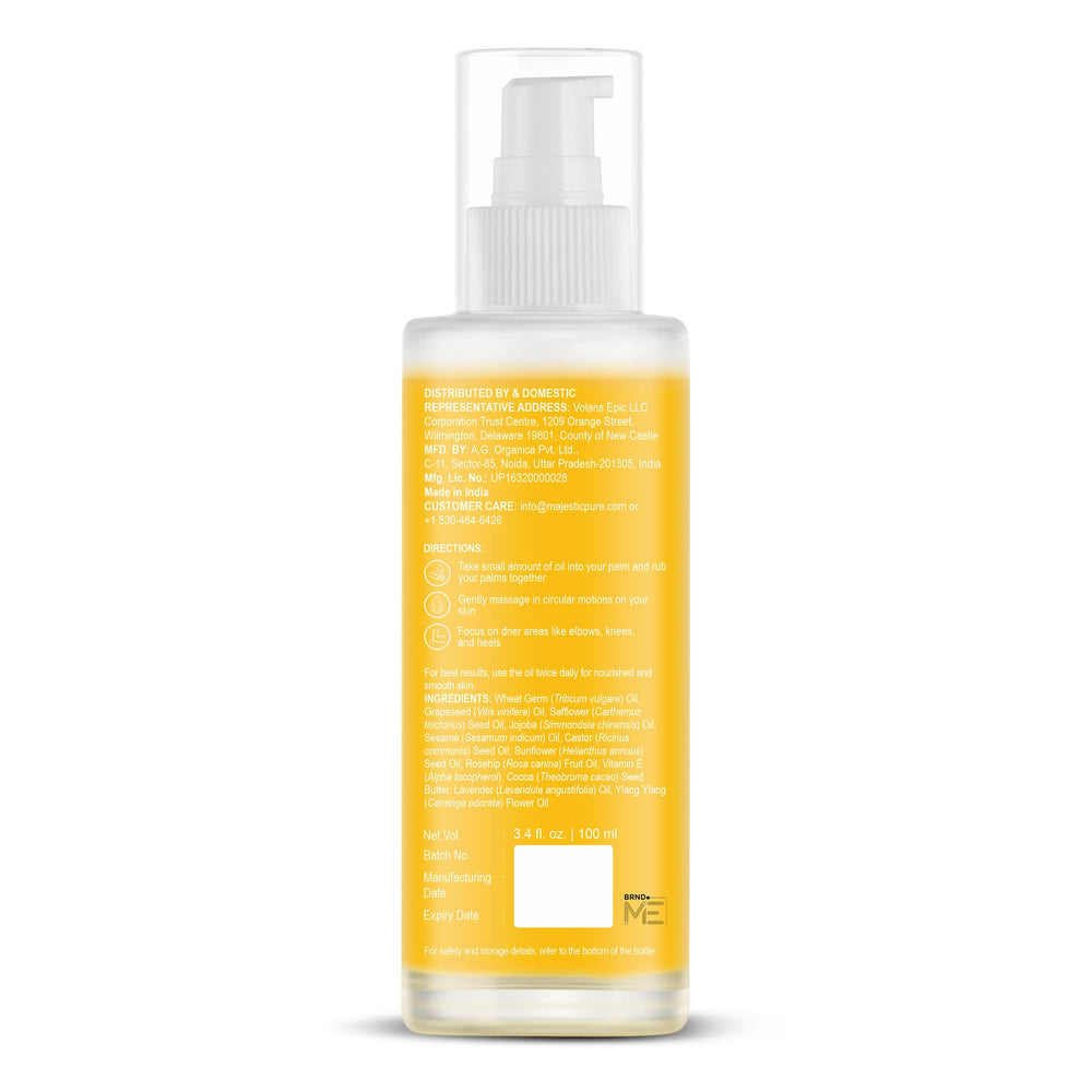 Majestic Pure bottle next to common items showing 3.4 fl oz travel-friendly size