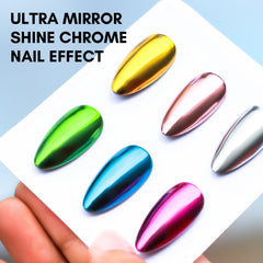 Makartt applying chrome powder on nail demonstrating even coverage