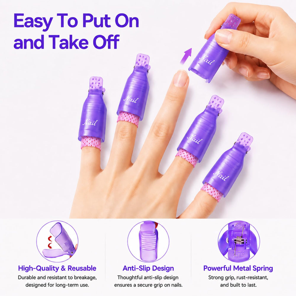 Makartt clips holding acetone pads on fingers demonstrating hands-free soaking benefit
