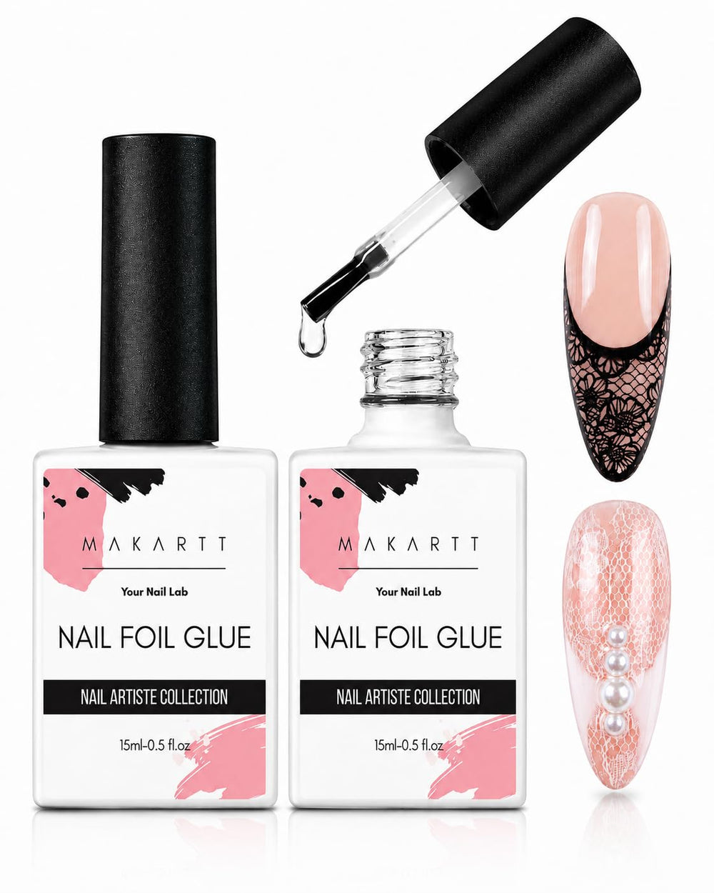 Makartt foil glue front packaging showing two 15ml bottles and clear benefits