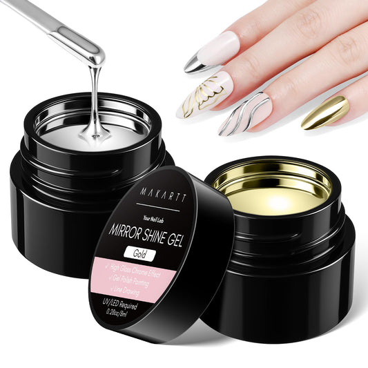 Makartt front packaging chrome gel set showing both silver and gold bottles and benefit mirror finish