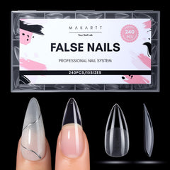 Makartt front packaging showing 240 clear almond tips for versatile nails