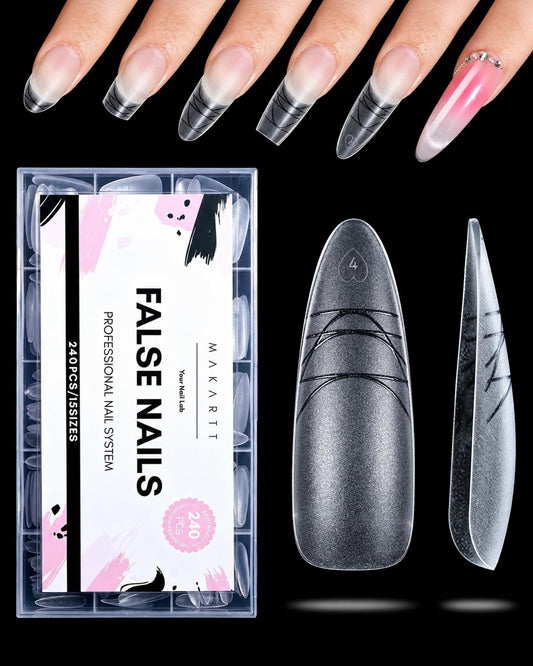 Makartt front packaging showing the full 240-piece almond tip set and benefits