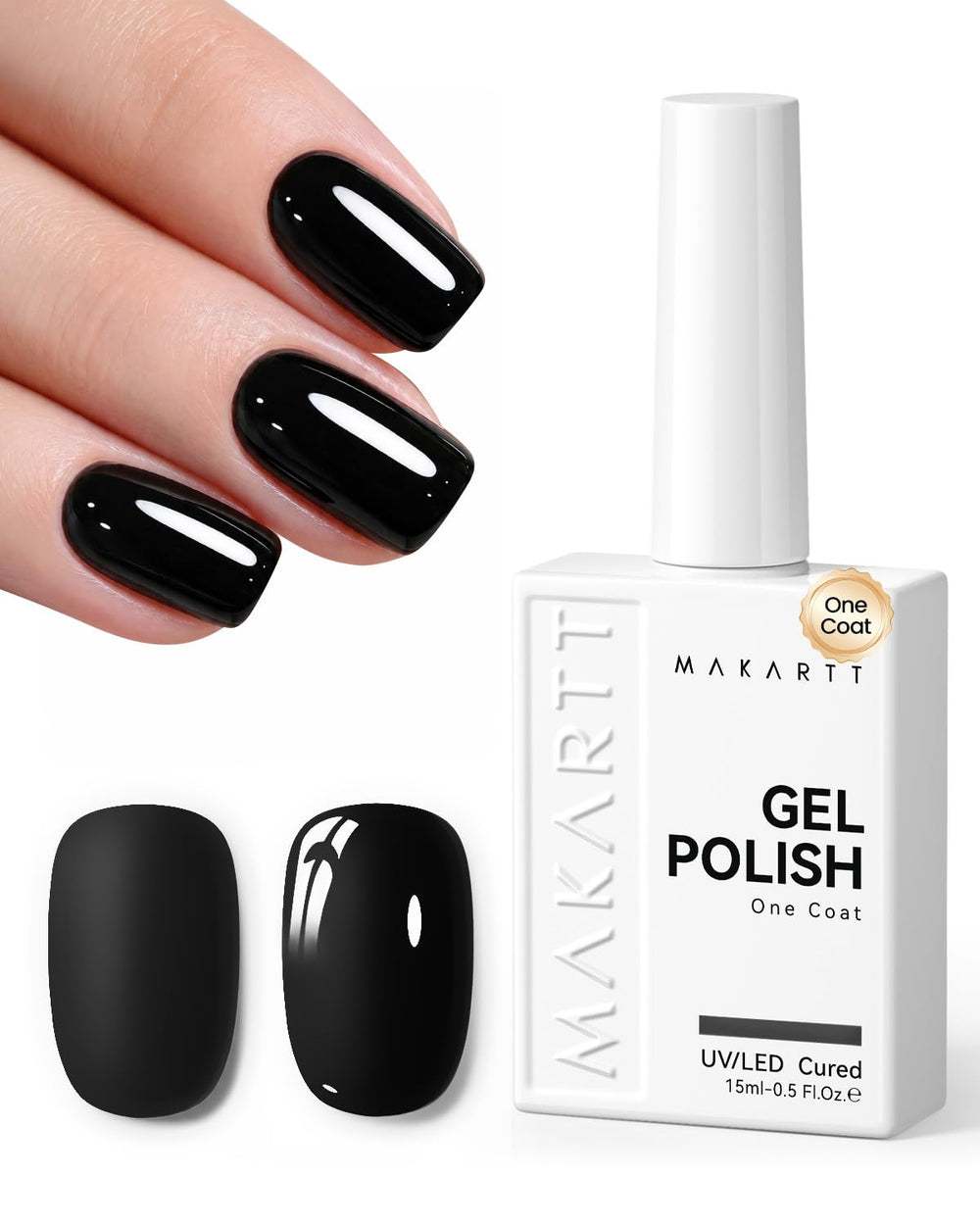 Makartt front packaging of One N'Done black 15ml shows bottle and benefits