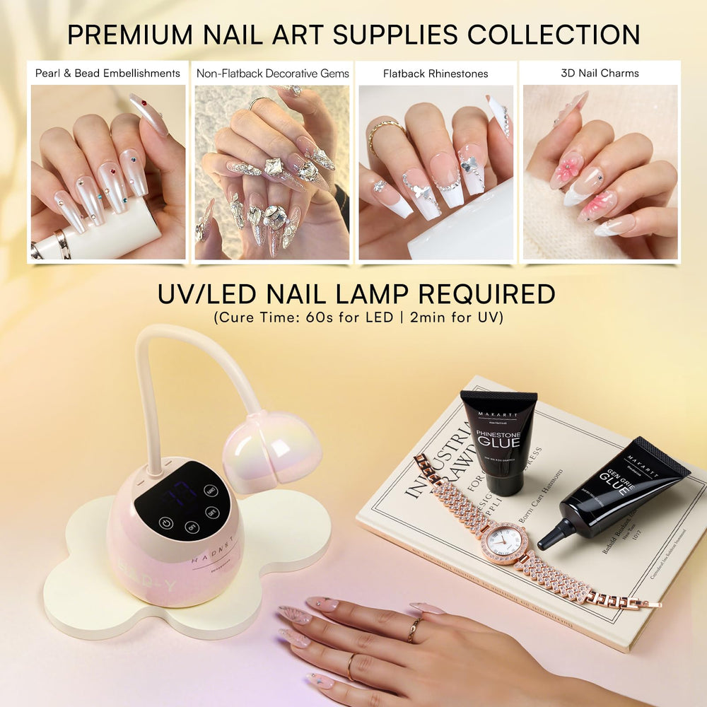 Makartt nails showcasing various beads, crystals, chains attached securely