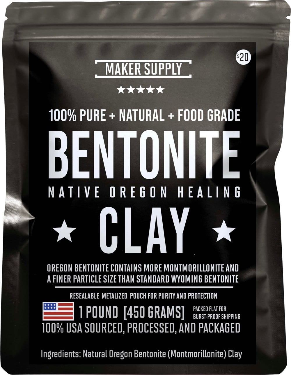 Maker Supply bentonite clay pouch front view shows resealable packaging and product benefit