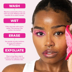 MakeUp Eraser washed and folded near washing machine showing easy care longevity