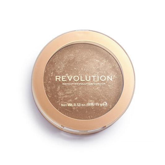Makeup Revolution compact front view showing Long Weekend bronze for warm glow