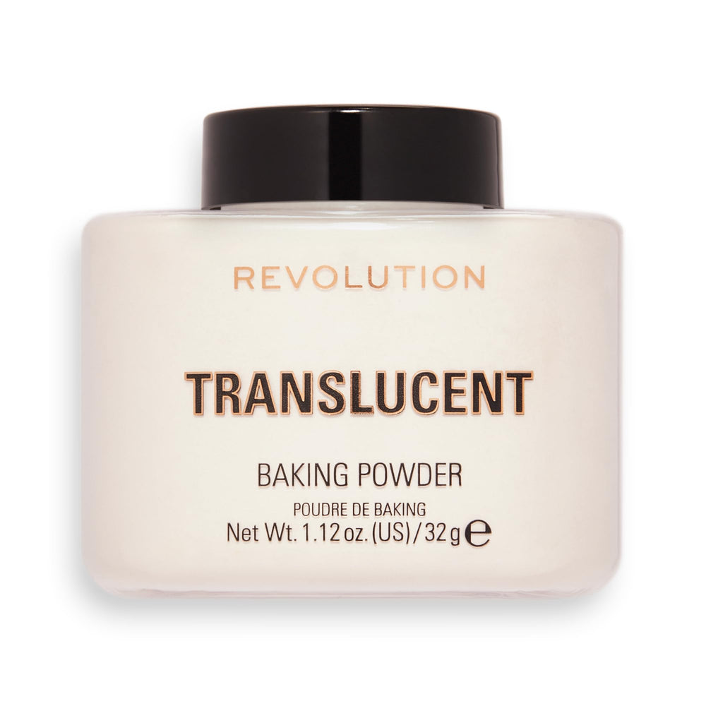 Makeup Revolution packaging front showing powder jar and benefit of long-lasting wear