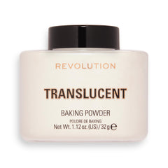 Makeup Revolution packaging front showing powder jar and benefit of long-lasting wear