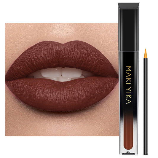 MAKI YIKA front packaging shows coffee brown lipstick and brand benefit long wear