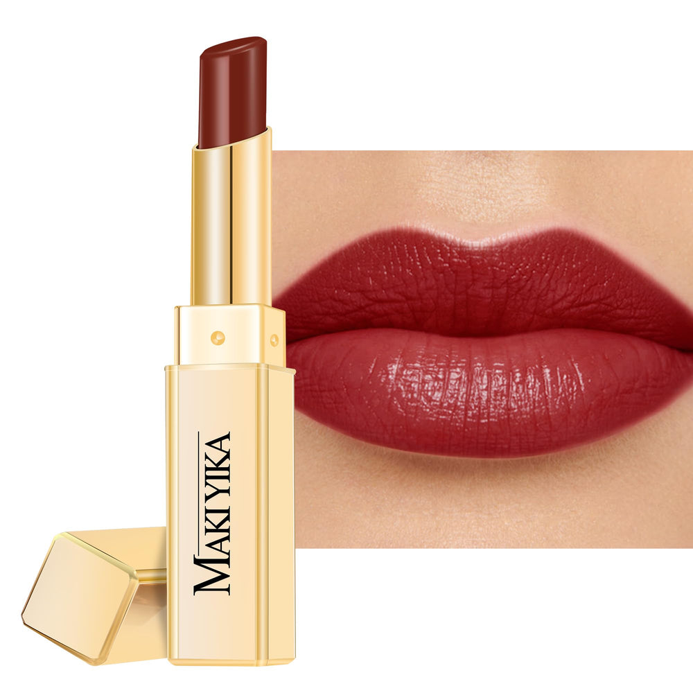 MAKI YIKA lipstick front packaging showing sleek tube and shade MA052 benefit: clear shade identification