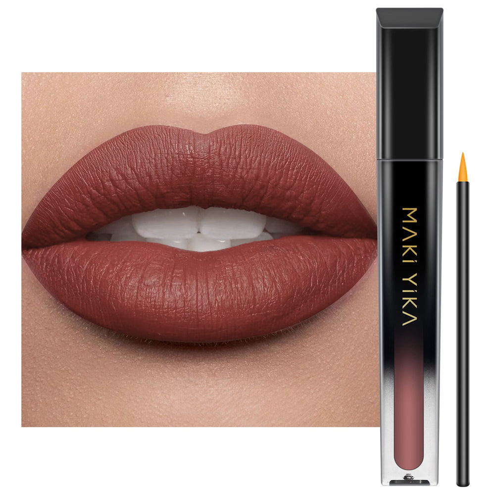 MAKI YIKA front tube showing brown nude shade and sleek packaging benefit long-lasting color