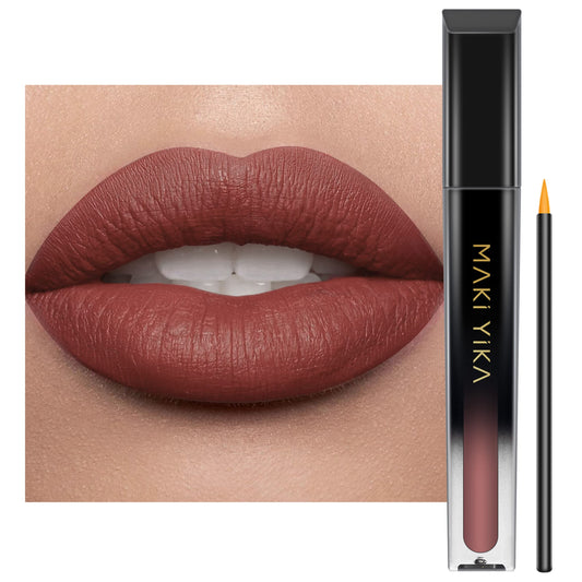 MAKI YIKA front tube showing brown nude shade and sleek packaging benefit long-lasting color