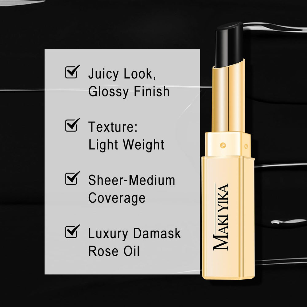 MAKI YIKA applied on lips of model, glossy black tint enhances modern look