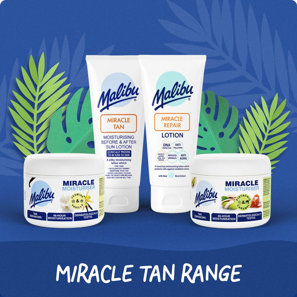 Malibu applying lotion to forearm to show how it soothes skin and enhances tan evenly