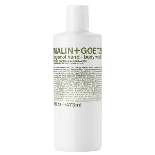 MALIN+GOETZ front bottle showing bergamot hand and body wash benefits