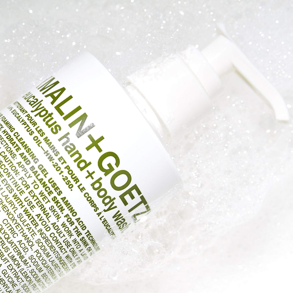 MALIN+GOETZ label detail showing eucalyptus ingredient and gentle formula