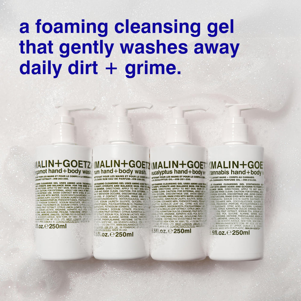 MALIN+GOETZ foaming gel texture close-up demonstrating creamy lather