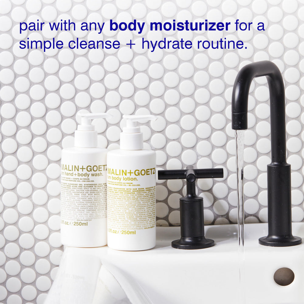 MALIN+GOETZ bottle in shower setting showing dual-use convenience