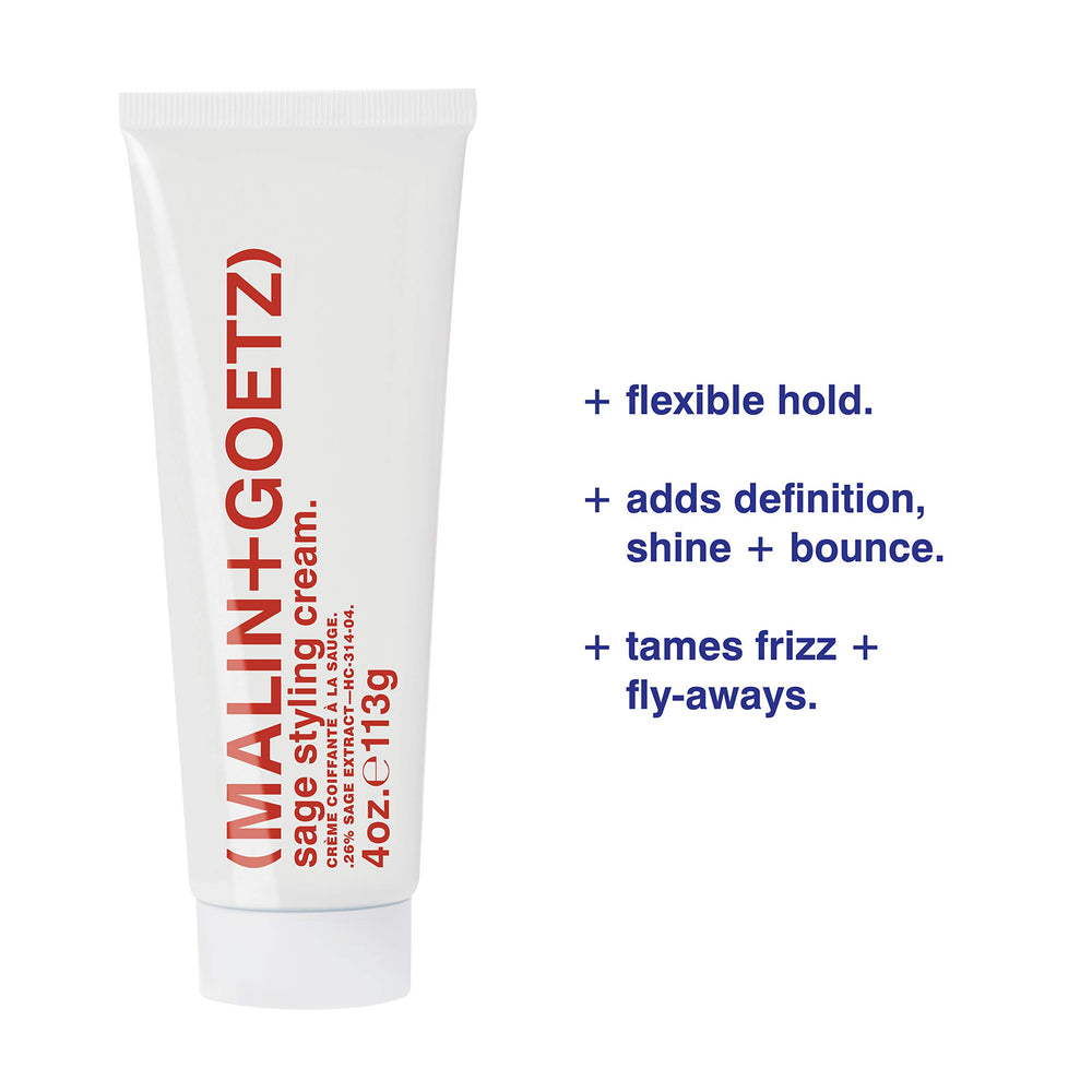 MALIN+GOETZ sage styling cream applied to wet hair illustrating smooth styling and frizz control