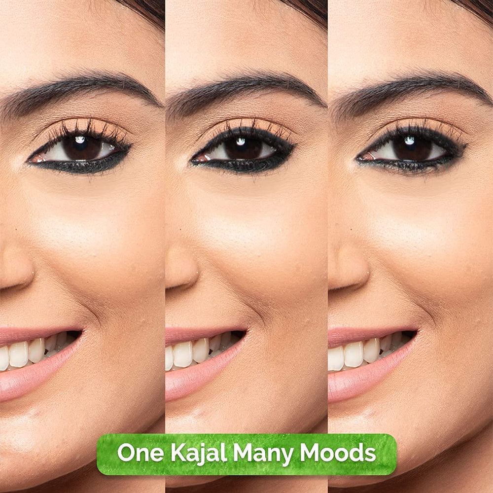 MAMAEARTH kajal applied on eye demonstrating bold definition benefit