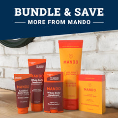 Mando bottle next to deodorant wipes shows layered high-performance routine