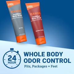 Mando bottle in shower on shelf illustrating daily use convenience