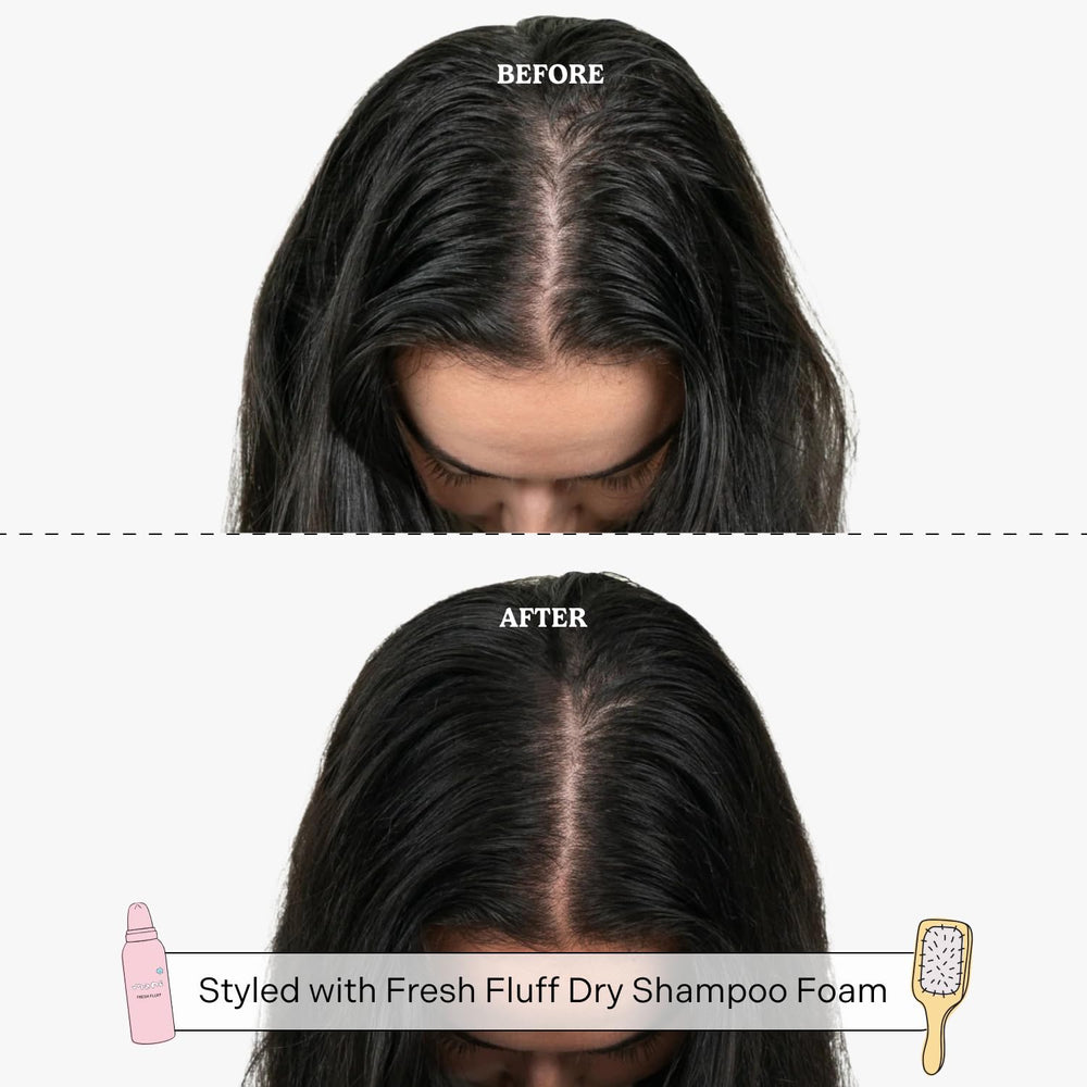 Mane Fresh Fluff massaged into roots to absorb oil and add lift