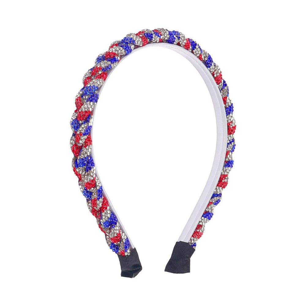 Mangoit headband front view showing red white blue rhinestone sparkle and festive appeal
