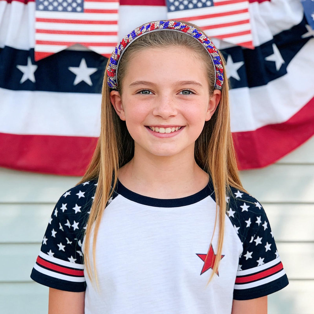 Mangoit headband worn at parade demonstrating patriotic style and hands-free convenience
