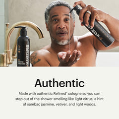 MANSCAPED bottle on shower shelf illustrating water‑resistant packaging and daily use