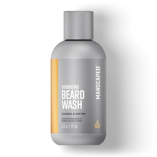 MANSCAPED front bottle view showing clean beard wash packaging and benefit